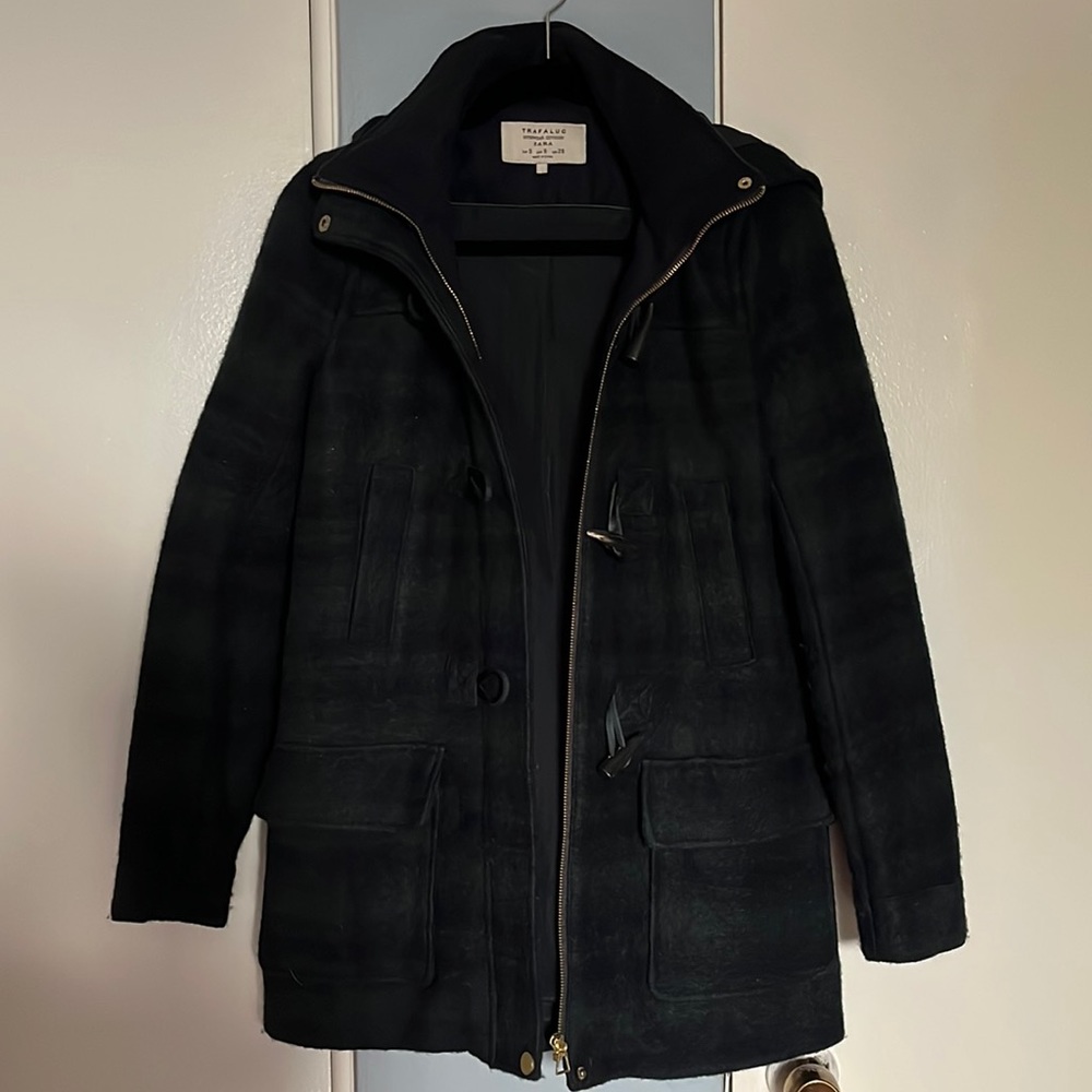 Zara Green and Black Plaid Wool Zipper Toggle Winter Pea Coat with Hood Small S